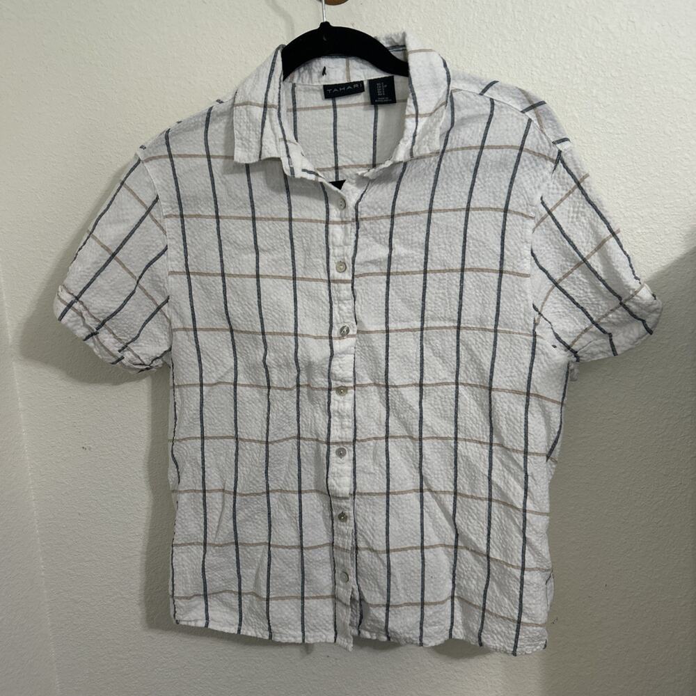 Tahari White Plaid 75/25 Linen Cotten Blend Button Down T Shirt Size Small